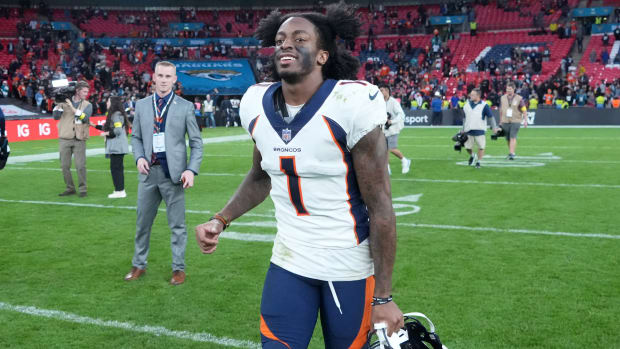 Oct 30, 2022; London, United Kingdom; Denver Broncos wide receiver KJ Hamler (1) celebrates after an NFL International Series game against the Jacksonville Jaguars at Wembley Stadium. The Broncos defeated the Jaguars 21-17.